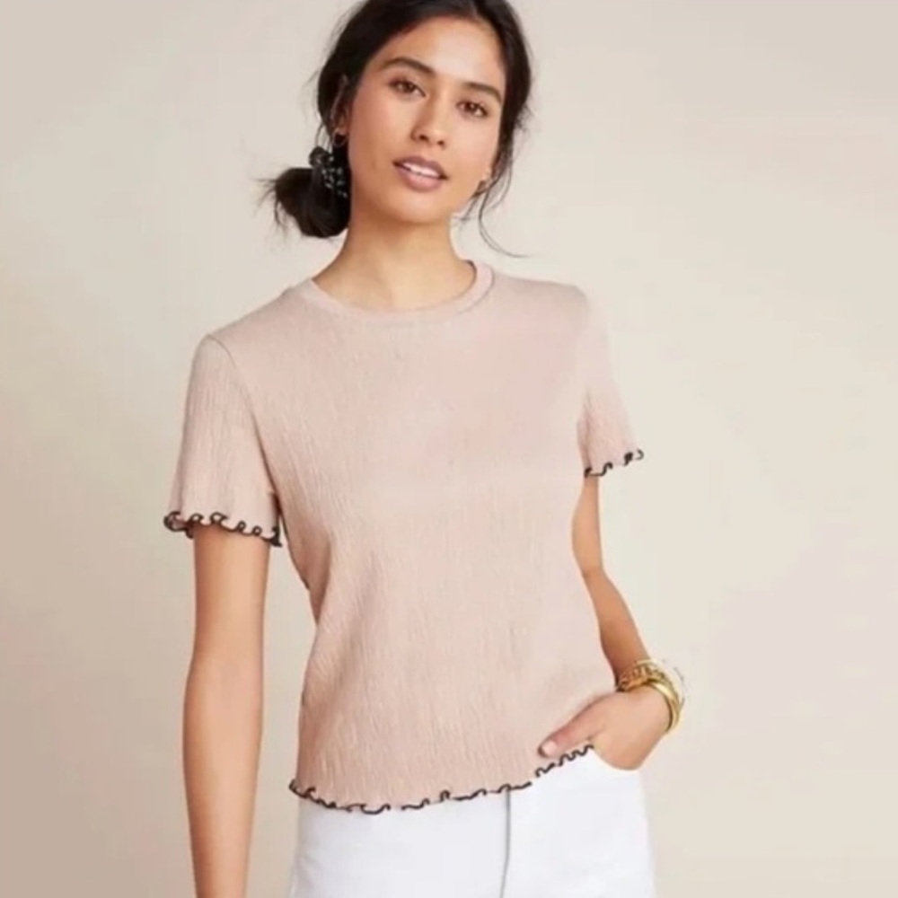 Anthropologie Eri & Ali Cathleen Lettuce Edge Crinkle Textured Short Sleeve Top